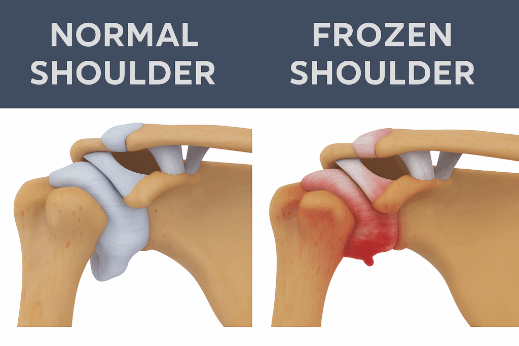 Frozen Shoulder (Adhesive Capsulitis) vs Normal Shoulder Normal shoulder compared to frozen shoulder showing thickened inflamed joint capsule in adhesive capsulitis