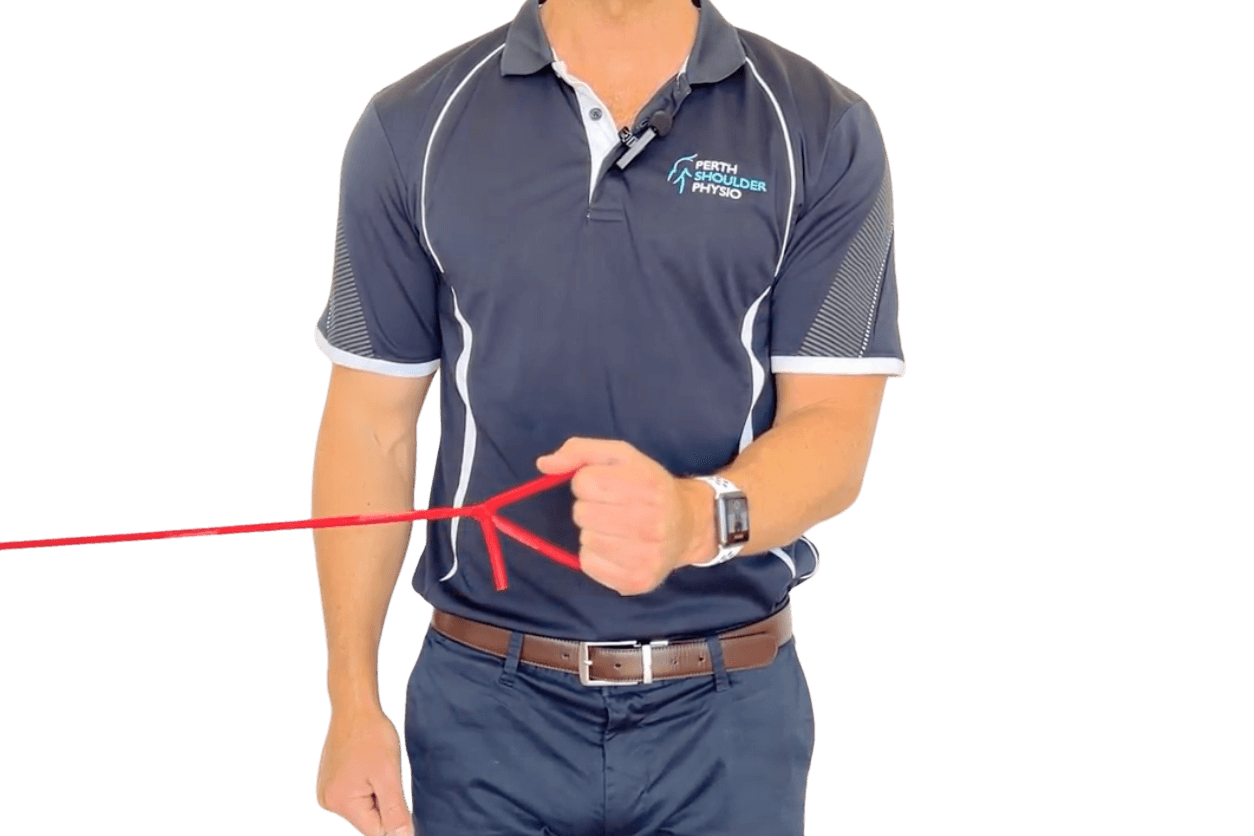Frozen shoulder external rotation exercise – frozen stage Gentle external rotation exercise with resistance band for frozen shoulder during the stiffness-dominant frozen stage