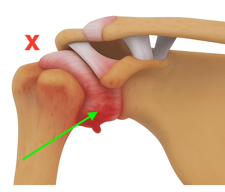 Diagram showing frozen shoulder injection targeting the inflamed shoulder capsule (green arrow) rather than the subacromial bursa (red cross)