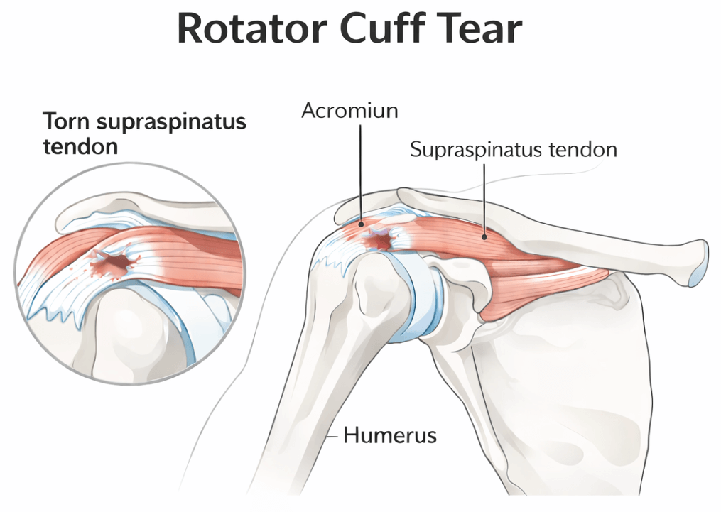Rotator cuff tear shoulder anatomy Diagram showing a rotator cuff tear involving the supraspinatus tendon in the shoulder