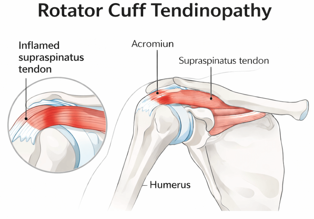 Rotator cuff tendinopathy shoulder anatomy Diagram showing rotator cuff tendinopathy with thickened supraspinatus tendon in the shoulder