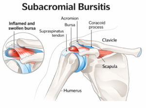 Diagram showing subacromial bursitis with an inflamed bursa beneath the acromion and supraspinatus tendon in the shoulder