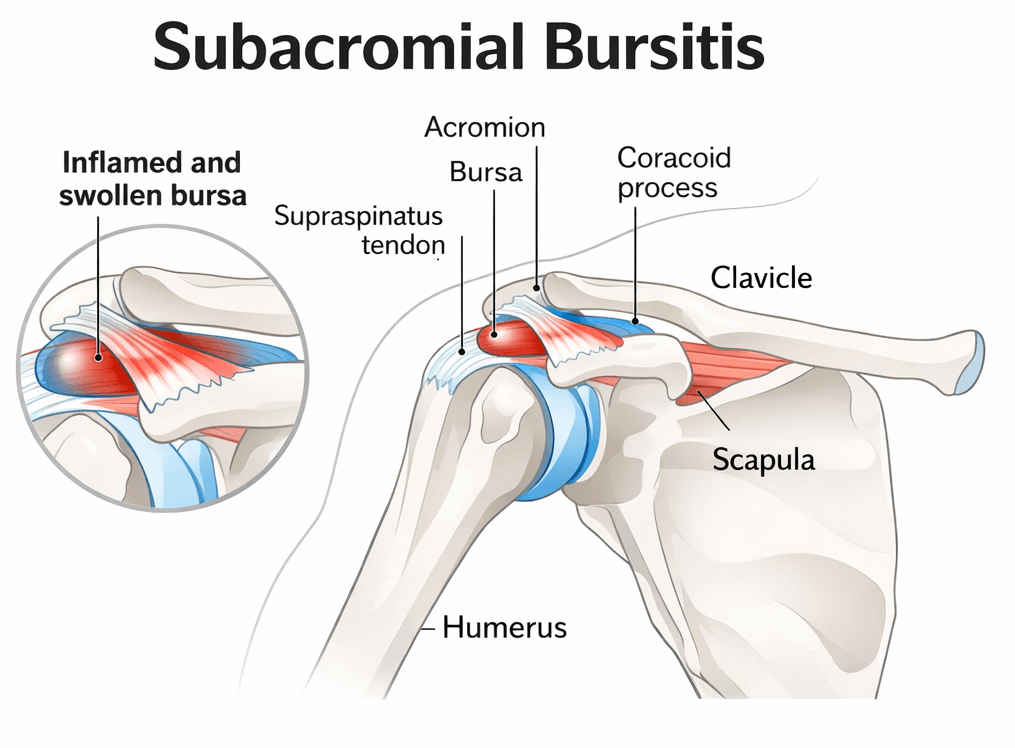 Subacromial bursitis shoulder anatomy Diagram showing subacromial bursitis with an inflamed bursa beneath the acromion and supraspinatus tendon in the shoulder
