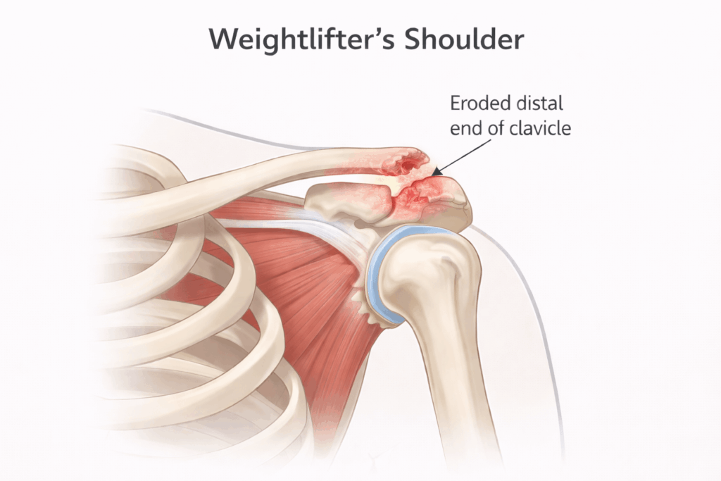 Diagram showing weightlifter’s shoulder with erosion of the distal clavicle at the acromioclavicular joint